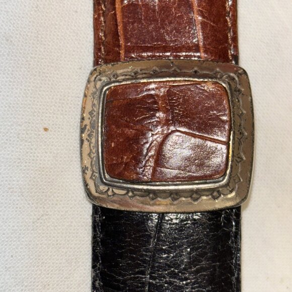 Vintage Brighton 1996 Brown/Black Leather Belt Silver Buckle Embellished M23903 - Picture 3 of 8